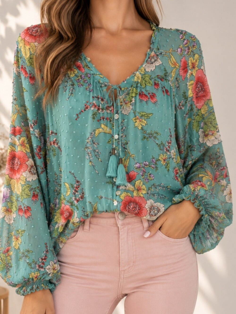 lovestitch Teal Floral Tie-Neck Peasant Blouse